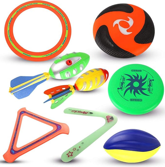 8-in-1 Sports Combo Play Set - Ultimate Outdoor Family Backyard Games with Foam Football, Flying Discs, Aero Rings, Boomerang, Whistling Missiles – Throw & Catch Fun Activities for Kids