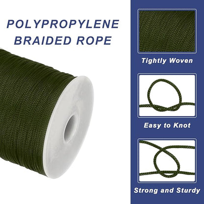 MECCANIXITY 1/16 Inch Polypropylene Rope Braided Ropes, 328ft Nylon Rope Hollow Utility Cord for Clothesline, Camping, Hiking, Outdoor, Deep Green