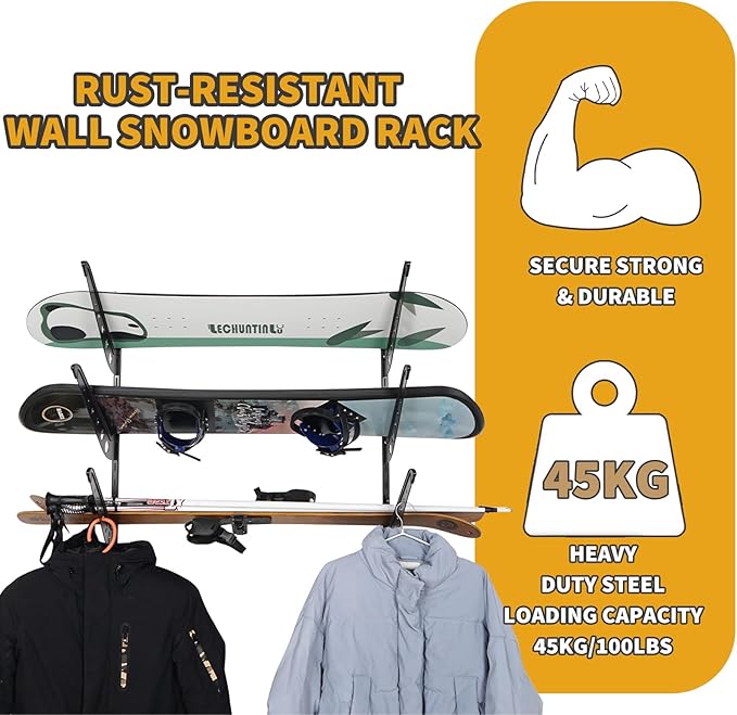 3 Board Snowboard Wall Racks, Adjustable Storage Rack for Ski, Surfboard, Wakeboard, Snowboard Wall Mount Display, Black