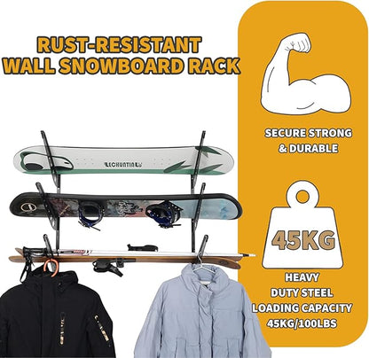 3 Board Snowboard Wall Racks, Adjustable Storage Rack for Ski, Surfboard, Wakeboard, Snowboard Wall Mount Display, Black