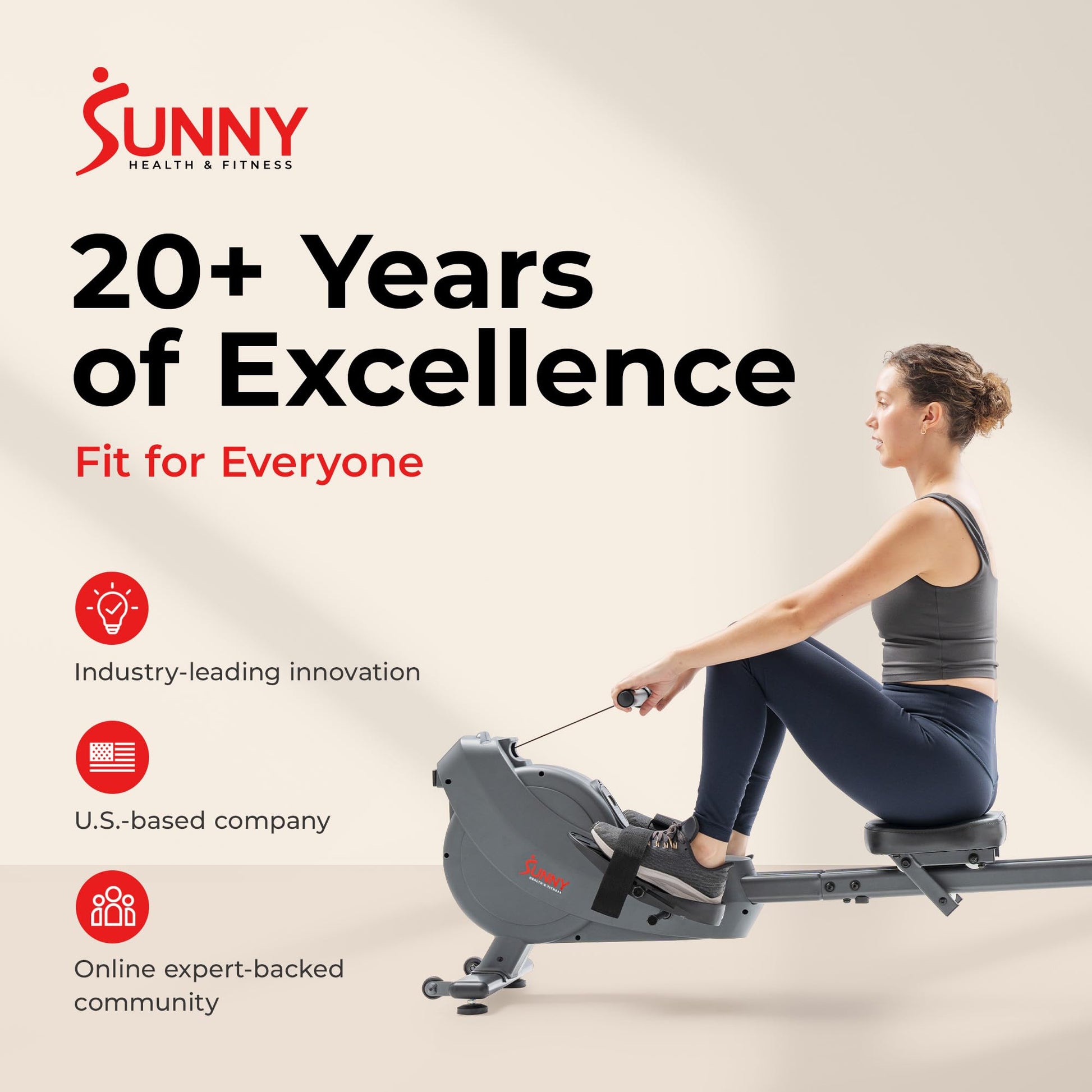 Sunny Health & Fitness Smart Magnetic Rower, Dual-Rail Home Rowing Machine