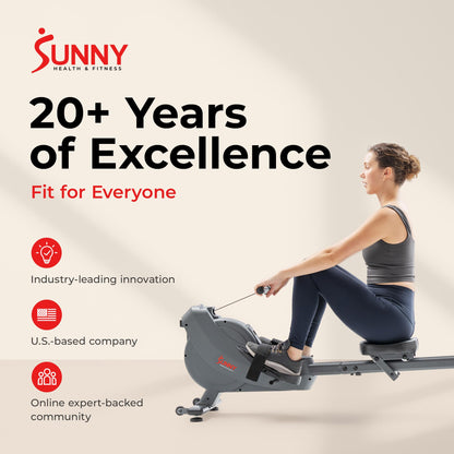 Sunny Health & Fitness Smart Magnetic Rower, Dual-Rail Home Rowing Machine