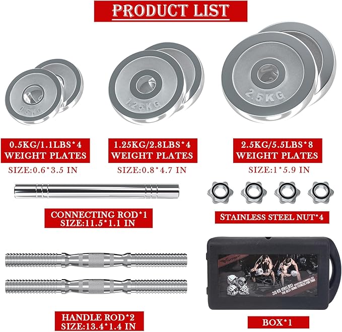 VIVITORY Fitness Dumbbells Set, Adjustable Weight Sets up to 11/22/44/66/110 lbs, with Metal Connecting Rod Used As Barbell, Chromed Weights, Hardcover Gift Box, Home Gym Work Out Training Equipment