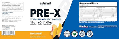 Nutricost Pre-X Xtreme PreWorkout Powder Complex, Peach Mango, 60 Servings, Vegetarian, Non-GMO and Gluten Free