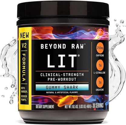 BEYOND RAW LIT V2 Clinical Strength Pre Workout Powder, Hits Harder, Bigger Pumps, Caffeine, L-Citrulline, Creatine, Gummy Shark, 30 Servings