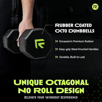 Rubber Coated Dumbbells - No Roll Design Easy-Grip Steel Knurled Handle, Weights Dumbbells Set for Strength Training - Ideal Weights Set for Home Gym - 10-60 LBS SOLD INDIVIDUALLY