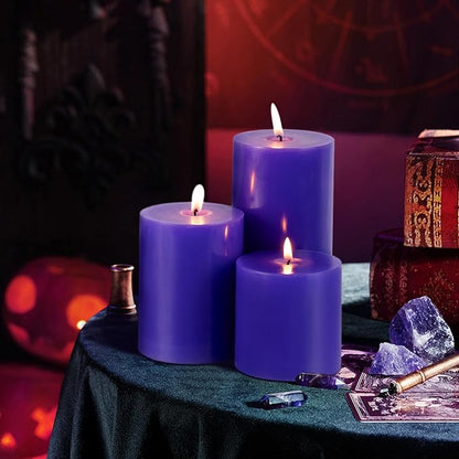 KONNI Violet Pillar Candles Set of 3, 3"x 6" Unscented Pillar Candles Bulk, 56 Hours Long Burning Candles, Smokeless and Dripless Large Round Candle for Wedding, Home Decoration, Parties, Spas, Dinner