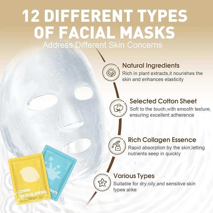 120 Pack Collagen Essence Sheet Face Masks Skincare, Moisturizing & Hydrating Face Mask for Skin Care, Bulk Face Masks for All Skin Types, Spa Party Gifts for Women (12 Types x 10 Pcs)