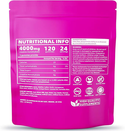 Flavored creatine monohydrate gummies sugar free,Pre workout supplements creatine gummies for men&women,Gym supplements,Supports muscle growth,Recovery,Strength,Energy Boost（120 count）-watermelon