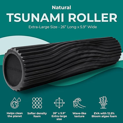 Oceanfoam Tsunami Roller (Black & Charcoal Marbled) - Soft, Textured Foam Roller for Physical Therapy, Back Pain, Exercise & Stretching - Wave Textured - Yoga, Wellness - Extra-Large 26" x 5.9"