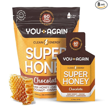 You Again Super Honey Chocolate Packets | Workout Clean Energy Gel Packs | Cycling, Endurance, Running Gel or Energy Snack | Paleo & Carnivore Snack | Gluten-Free | Made in USA | 8 Count