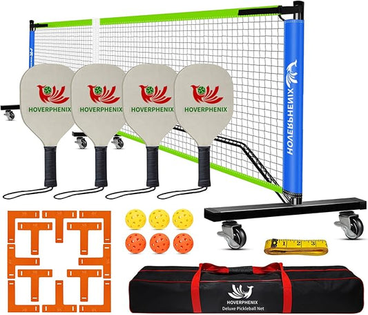 Hoverphenix Pickleball Net for Driveway, 22FT Regulation Size Pickleball Net with Paddles Set of 4