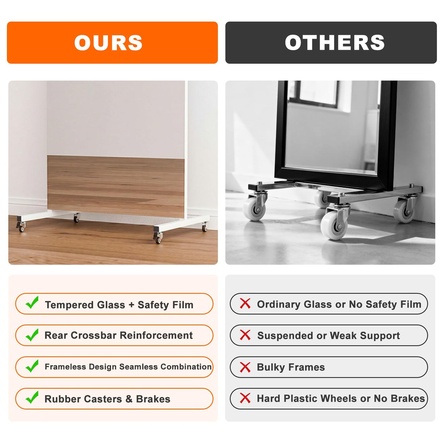 brisafe 70” x 22” Arched Full Length Floor Mirror, Lockable Wheels for Easy Moving & No Wobble