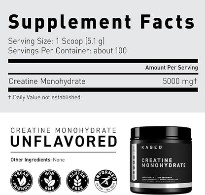 Kaged Creatine Monohydrate Micronized Powder | Unflavored | Muscle Building & Recovery | 5000 mg Per Serving | Vegan, Gluten Free, Easily Digestible | Supplements for Men & Women | 100 Servings