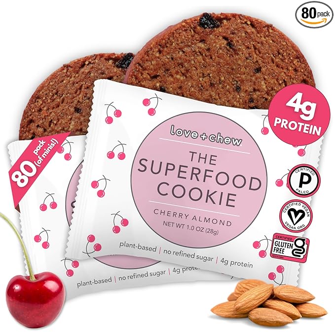 Love + Chew Cherry Almond Minis Bulk Box - Tasty, Gluten Free Cookies - Vegan, Healthy, Paleo, Non GMO - Individually Wrapped and Soft Baked - Made from High Protein Almonds - 1 Ounce Each, 80 Count