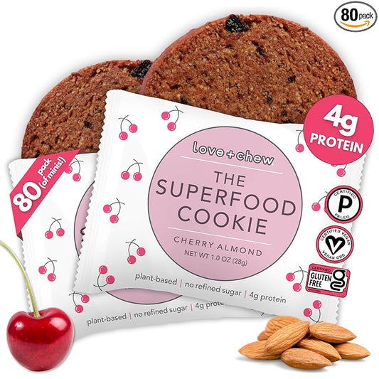 Love + Chew Cherry Almond Minis Bulk Box - Tasty, Gluten Free Cookies - Vegan, Healthy, Paleo, Non GMO - Individually Wrapped and Soft Baked - Made from High Protein Almonds - 1 Ounce Each, 80 Count