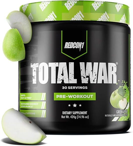 REDCON1 Total War Pre Workout, Green Apple - Fast Acting Caffeinated Preworkout for Men + Women