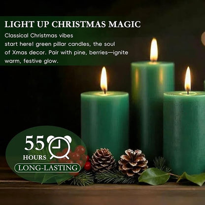 Green Pillar Candles - 6 Packs, 2.8x4 Inch, Unscented Pillar Candles Bulk, 56 Hours Long Burning Candles, Dripless & Smokeless Large Green Candles for Christmas Decor, Fireplace, Christmas,Advent