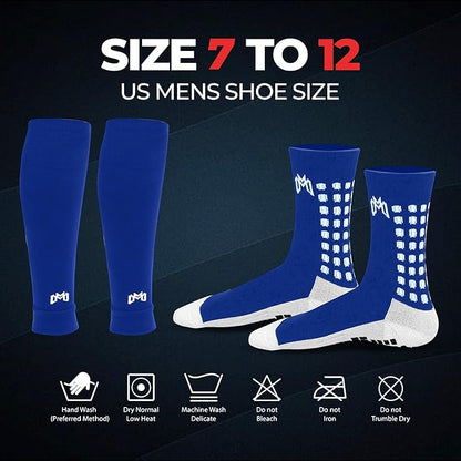 Soccer Grip Socks, Shin Guards, Pre Cut Sock Sleeves, and Guard Straps Bundle Pack - Essential Equipment for Soccer Players - for Mens, Women, Youth, Size 7 to 12 US Men Shoe Size