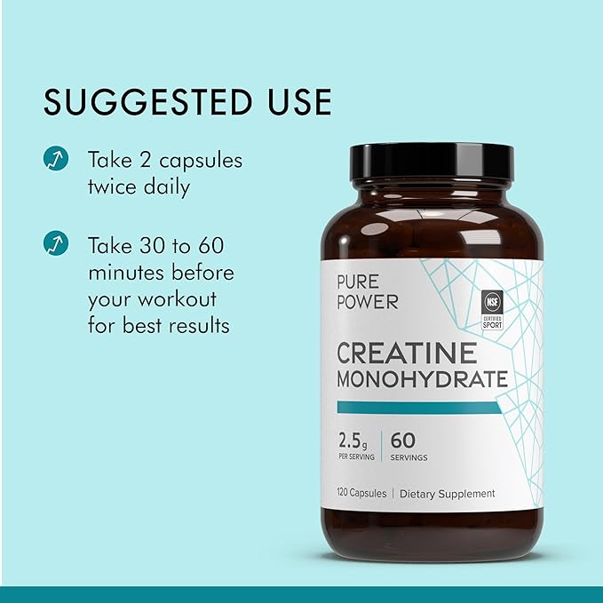 Dr. Mercola Pure Power Creatine Monohydrate, 60 Servings (120 Capsules) 2.5g Per Serving, Dietary Supplement, Strength and Energy, Non-GMO, NSF Certified for Sport