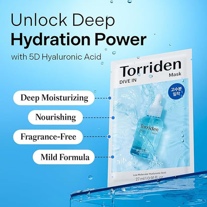 Torriden DIVE IN Hyaluronic Acid Facial Mask (10 sheets) | Extra Moisturizing Care | Hyaluronic Acid, Panthenol, Allantoin | Korean Face Mask