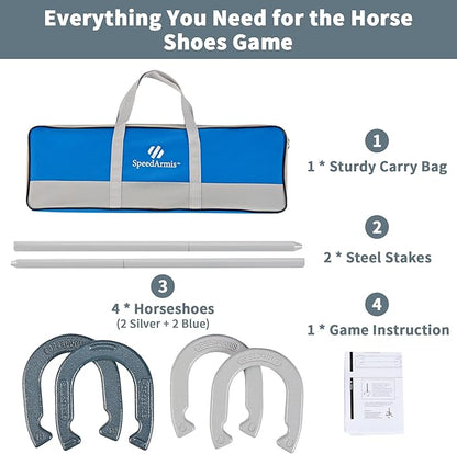 Horseshoes Outside Game Set - Universal Size Lawn Horseshoes Outdoor Games for Parties Beach Backyard, Includes 4 Horseshoes, 2 Steel Stakes and Durable Carrying Bag