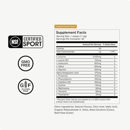 Momentous Vital Aminos Powder Supplement - BCAA & EAA - Tropical Punch - NSF Certified for Sport - GMO- & Gluten-Free - 30 Servings - Package May Vary