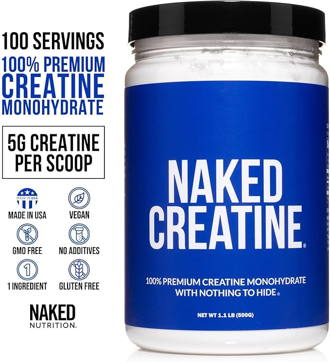 NAKED Pure Micronized Creatine Monohydrate Powder - Unflavored, 500g, 1.1lb Bulk - Vegan, Non-GMO, Gluten-Free, Soy-Free, No Fillers, Supports Muscle Growth & Strength - 100 Servings