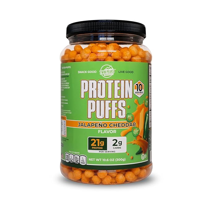 Twin Peaks Protein Puffs - (Jalapeno Cheddar), Keto Friendly, Low Carb Snack (300g, 21g Protein, 2g Net Carbs, High Protein, Healthy Crunchy Snack)