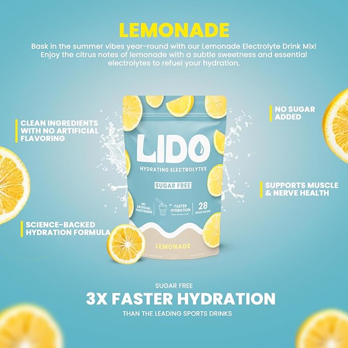 LIDO Lemonade Electrolyte Powder Packets — Clean, Zero-Sugar Hydration Drink Mix with Balanced Sodium for Fast Replenishment — Vegan, Paleo & Fasting Friendly — 28 Sticks