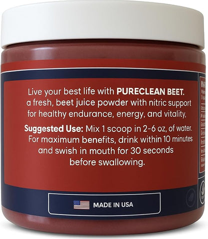 PureClean Organic Beet Juice Powder - Nitric Oxide Supplement - 100% USA Grown Beets - Organic Beet Root Powder 30 Servings, 300g (2 Jars 60 Servings)