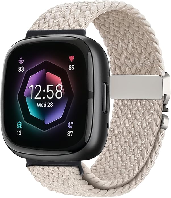 Braided Stretchy Band for Fitbit Versa 4/Versa 3/Sense 2/Sense Watch Band Women Men,Parachute-style Buckle Nylon Sport Wristband Soft Fabric Elastic Loop Strap Accessories for Versa 4/3