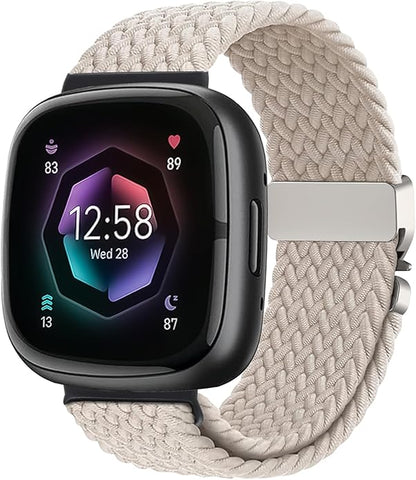 Braided Stretchy Band for Fitbit Versa 4/Versa 3/Sense 2/Sense Watch Band Women Men,Parachute-style Buckle Nylon Sport Wristband Soft Fabric Elastic Loop Strap Accessories for Versa 4/3