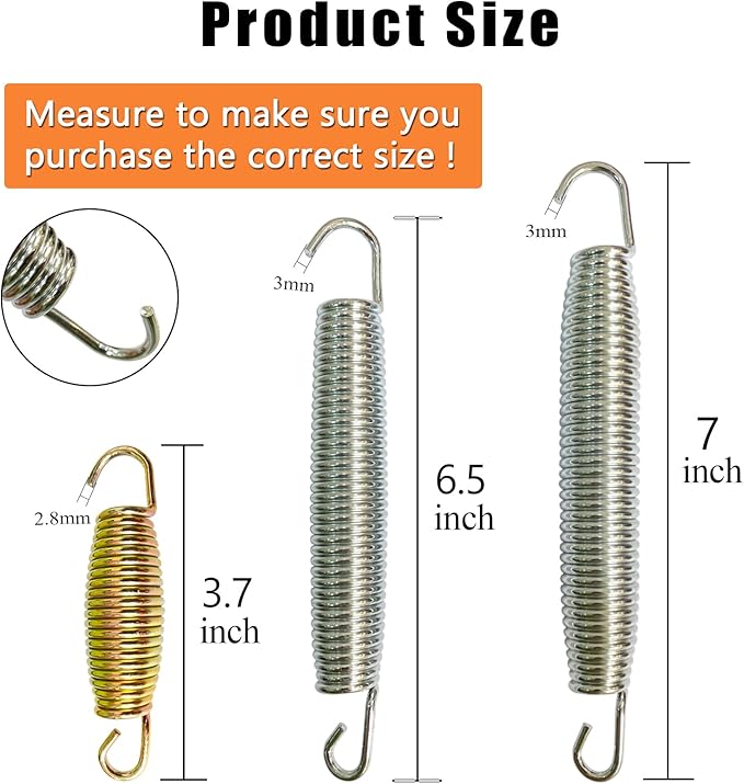 3.7'', 6.5'', 7'' Trampoline Springs,16pcs Heavy Duty Stainless Steel Replacement Trampoline Springs with T-Hook Tool Trampoline Accessories