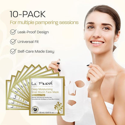 La Fresh Deep Moisturizing Snail Mucin Sheet Mask, Glow, and Hydration Face Mask with Snail Mucin Essence, 10 Count