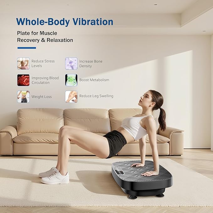 Vibration Plate Exercise Machine, Vibration Plate for Lymphatic Drainage & Body Toning, Whole Body Vibration Plate Platform with Bluetooth, Ultra-Quiet Home Gym Equipment, Resistance Bands