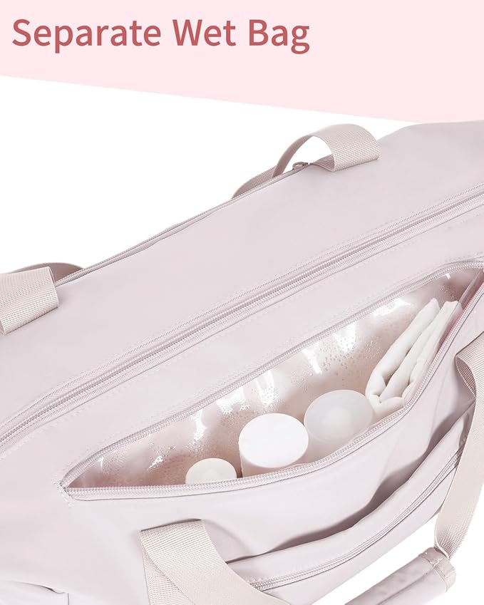 sportsnew Gym Travel Bag for Women, Large Travel Duffel with Shoe Compartment and Wet Pocket, Water Resistant Weekender Overnight Carry on Sports Tote Bags, Beige,Patent Pending