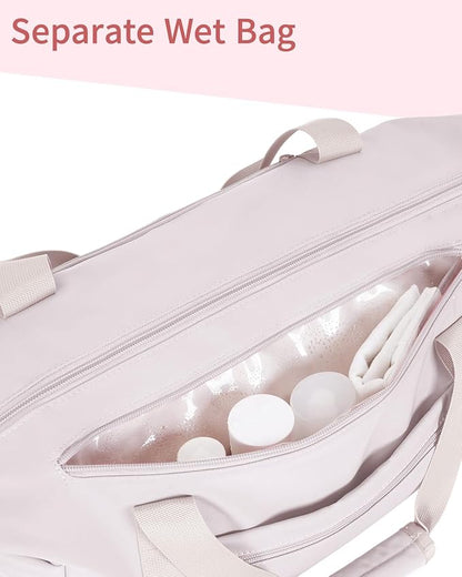 sportsnew Gym Travel Bag for Women, Large Travel Duffel with Shoe Compartment and Wet Pocket, Water Resistant Weekender Overnight Carry on Sports Tote Bags, Beige,Patent Pending