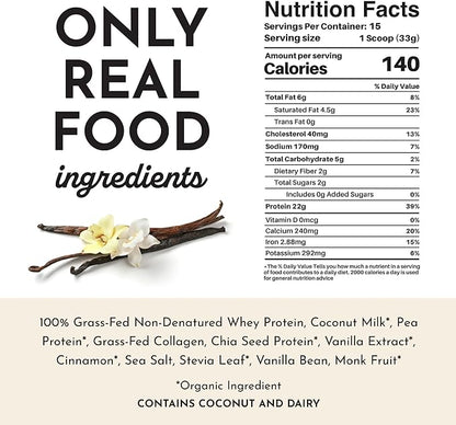 JUST INGREDIENTS Protein Powder | Vanilla Protein Powder Made with 100% Grass Fed, Non Denatured Whey | Four Different Protein Sources from Organic Whole Food Ingredients | 15 Servings | 22g Protein