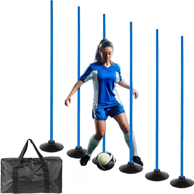6 Pcs 5FT Adjustable Agility Training Poles for Soccer,Basketball, Football, Horse,Dog-Speed and Agility Training Equipment Sports Training Poles with Rubber Bases and Bag（Blue）
