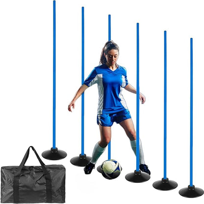 6 Pcs 5FT Adjustable Agility Training Poles for Soccer,Basketball, Football, Horse,Dog-Speed and Agility Training Equipment Sports Training Poles with Rubber Bases and Bag（Blue）