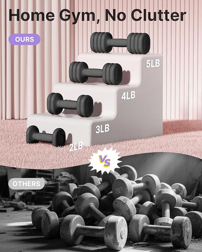 YOTTOY Adjustable Dumbbell Set of 2, 4-in-1 Hand Weights for Women at Home, Compact Free Weights Dumbbells Set with Soft Grip and Base, 2-5 lbs Each for Home Gym