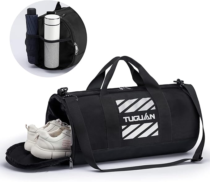 TUGUAN Basketball Gym Bags for Men Women Small Travel Duffle Bag Wet Pocket & Shoes Compartment Overnight Weekender Duffel Bag Sports Gym Tote bag Man 40L, Black
