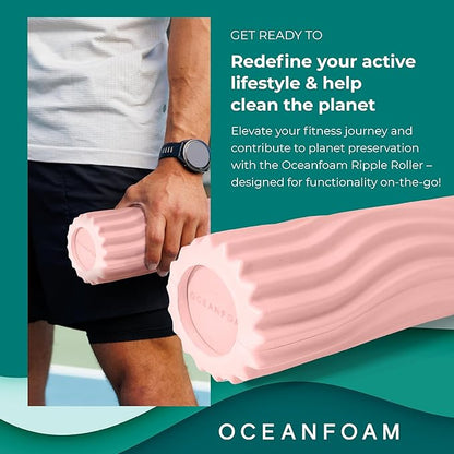 Oceanfoam Ripple Travel Foam Roller (11" x 3.35") Firm Mini Foam Roller for Physical Therapy, Deep Tissue Massage, Back Pain - High Density, Ergonomic Wave Textured - Yoga, Pilates, Exercise (Blush)
