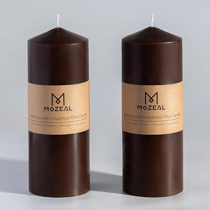 MOZEAL 3" x 8" Hand-Poured Unscented Candles,Large Brwon Pillar Candles Set of 2,No Drip,Approx 120 Hours Long Burning,Wedding,Dinner,Christmas and Home Decor（3 Inch Diameter 8 Inch Height）