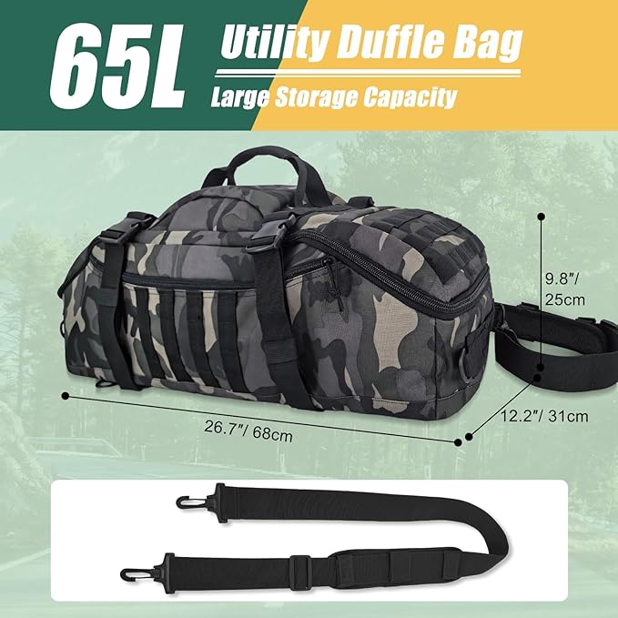 65L Large Travel Duffle Bag Military Tactical Backpack, Army Assault Pack Bug Out Bag Rucksack for Outdoor Sport Hiking Camping with Molle System