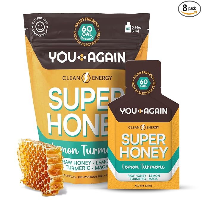 You Again Super Honey Lemon Turmeric Packets | Workout Clean Energy Gel Packs | Cycling, Endurance, Running Gel or Energy Snack | Paleo & Carnivore Snack | Gluten-Free | Made in USA | 8 Count