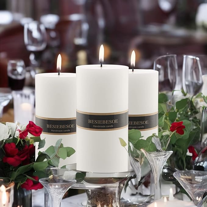 3X 8 White Pillar Candles Set of 6 Unscented Handpoured Weddings, Home Decoration, Restaurants, Spa, Church Smokeless Cotton Wick 360 Hour