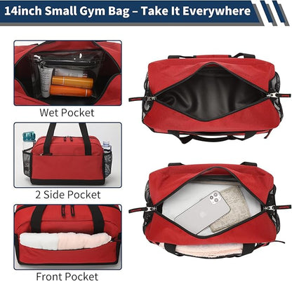 Small Gym Bag with Wet Pocket - 14 inch Mini Duffle Bag for Men & Women Lightweight Carry On Bag for Travel Sport - Red