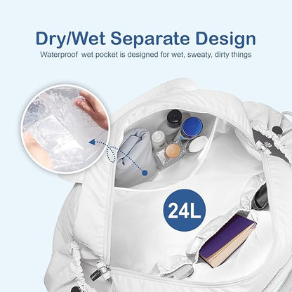 TOPDesign Travel Duffel Bag for Women, Puffer Gym Bag Sports Tote with Wet Pocket, Carry On Weekender with Luggage Sleeve (White)